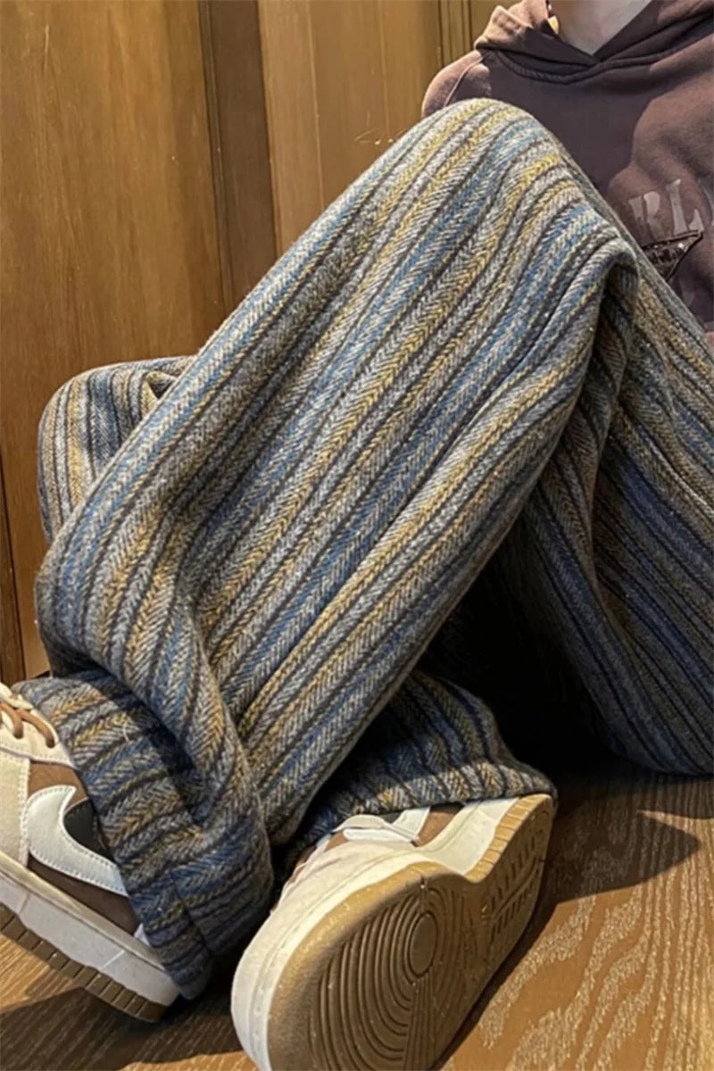 autumn striped woolen straight leg pants for men classic y2k vintage baggy trousers new casual high street fashion sweatpants unique joggers style 287