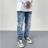 Harajuku Frayed Hole Straight Washed Retro Baggy Men's Jeans High Street Ripped Hip Hop Casual Oversized Denim Trousers