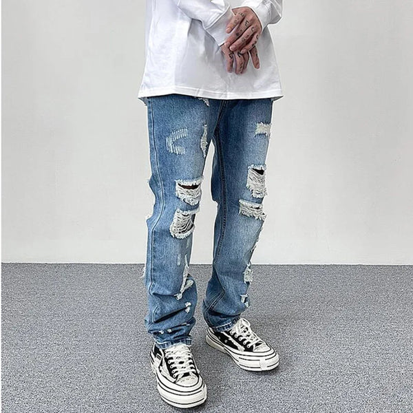 Harajuku Frayed Hole Straight Washed Retro Baggy Men's Jeans High Street Ripped Hip Hop Casual Oversized Denim Trousers