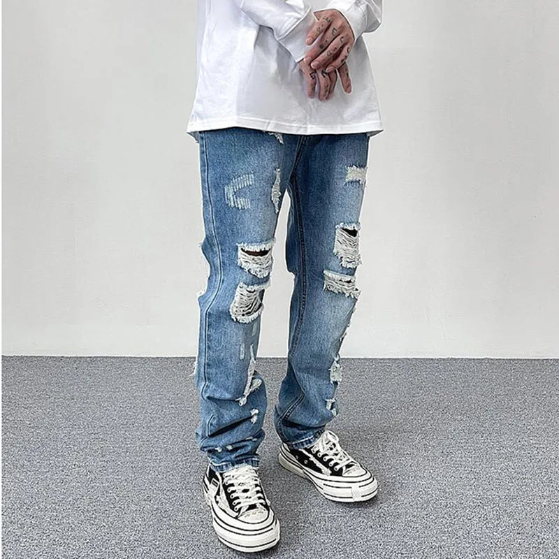 Harajuku Frayed Hole Straight Washed Retro Baggy Men's Jeans High Street Ripped Hip Hop Casual Oversized Denim Trousers