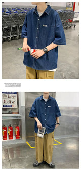 American summer thin denim shirt for men and women loose fit hip-hop short sleeved retro personality casual street top harajuku
