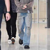 damaged washed blue baggy jeans for men straight hole distressed casual cargo pants frayed streetwear denim trousers oversized utility cargo pants