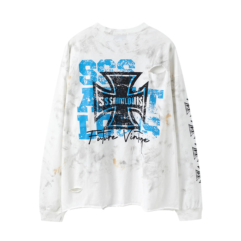 sssaint Louis Vintage Dirty Worn Distressed Cross Print High-Street Graffiti Long Sleeve T Shirt Pullover Summer