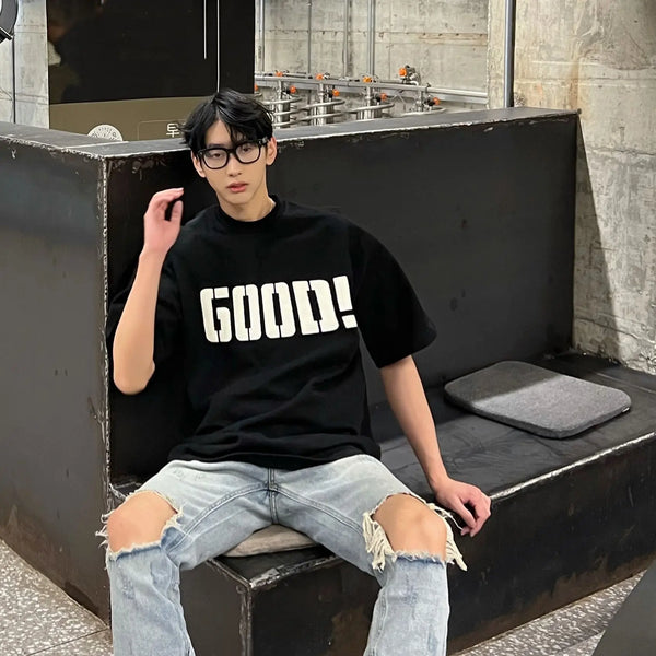 Y2k Trendy hip-hop men and women street personality GOOD print round neck short sleeved couple loose Harajuku retro casual top