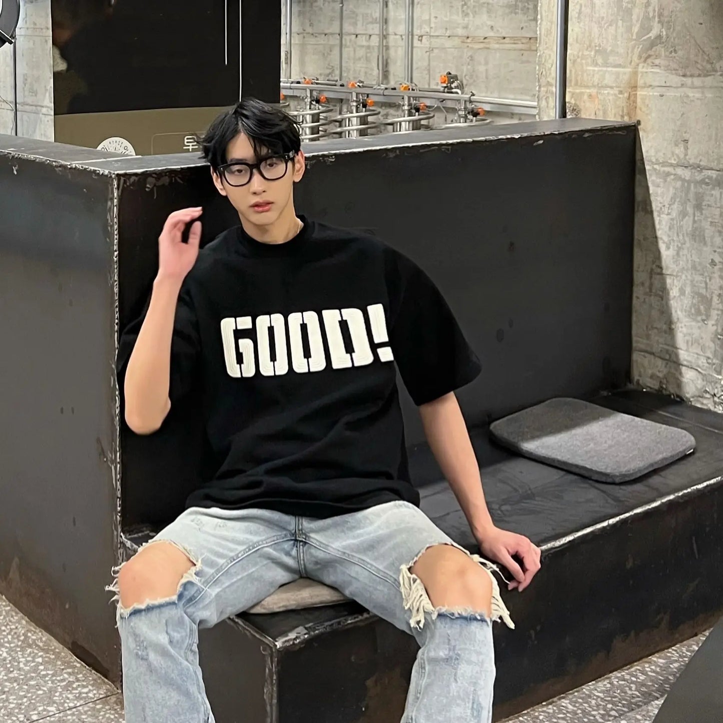Y2k Trendy hip-hop men and women street personality GOOD print round neck short sleeved couple loose Harajuku retro casual top