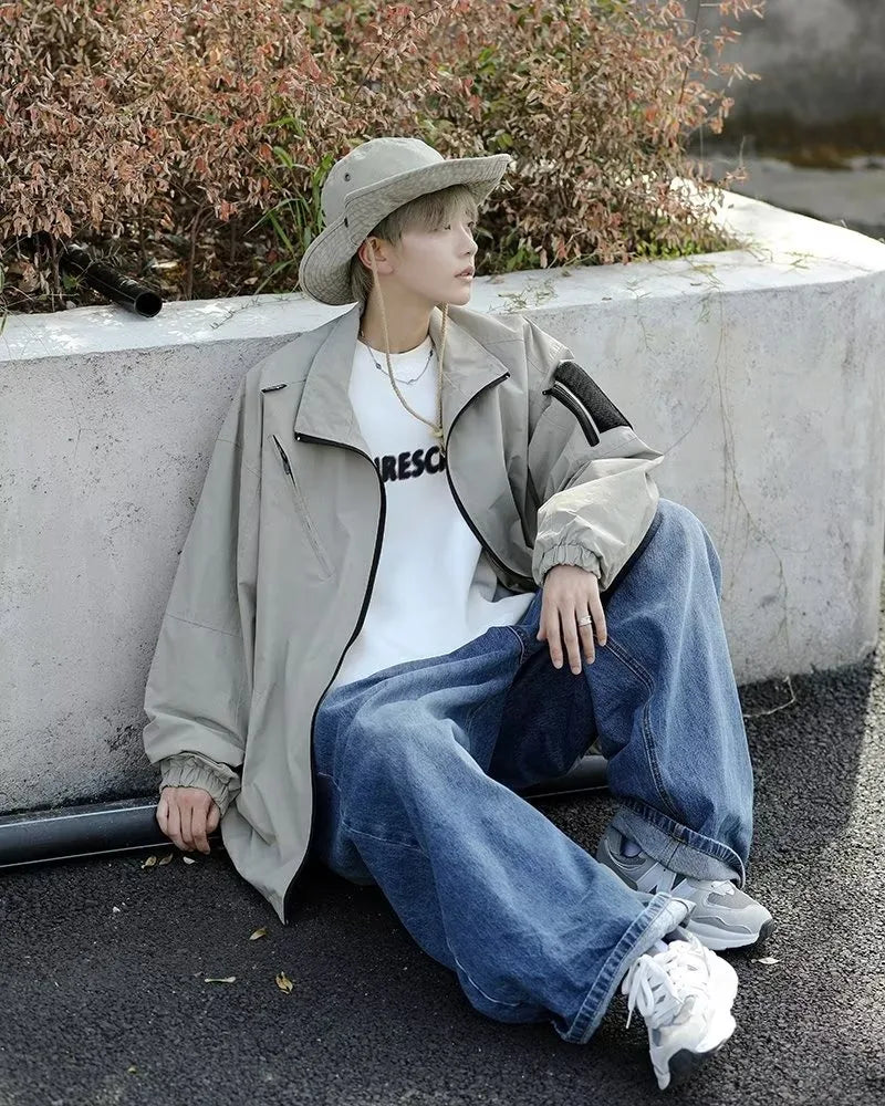 Outdoor Mens Charge Jacket Retro Loose Stand Collar Waterproof Tooling