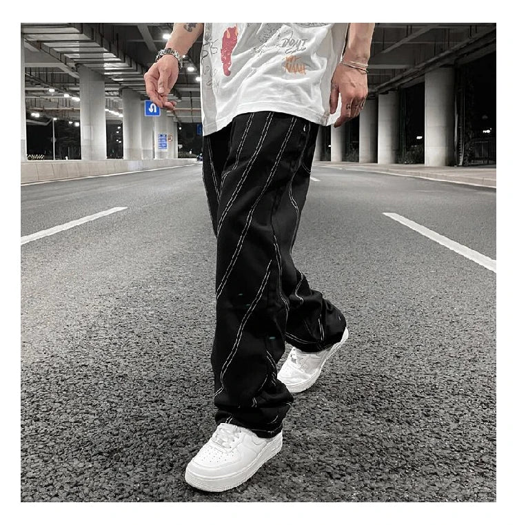 fashion design lines denim jeans mens zipper loose straight trousers hip hop new casual streetwear pants joggers baggy jeans unique joggers style 1460
