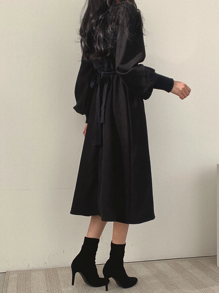 Winter Dress Long Elegant Splicing Stripes Y2k Knitted Dress Women Koean Fashion Long Sleeve Dresses Female Club Party Vestidos
