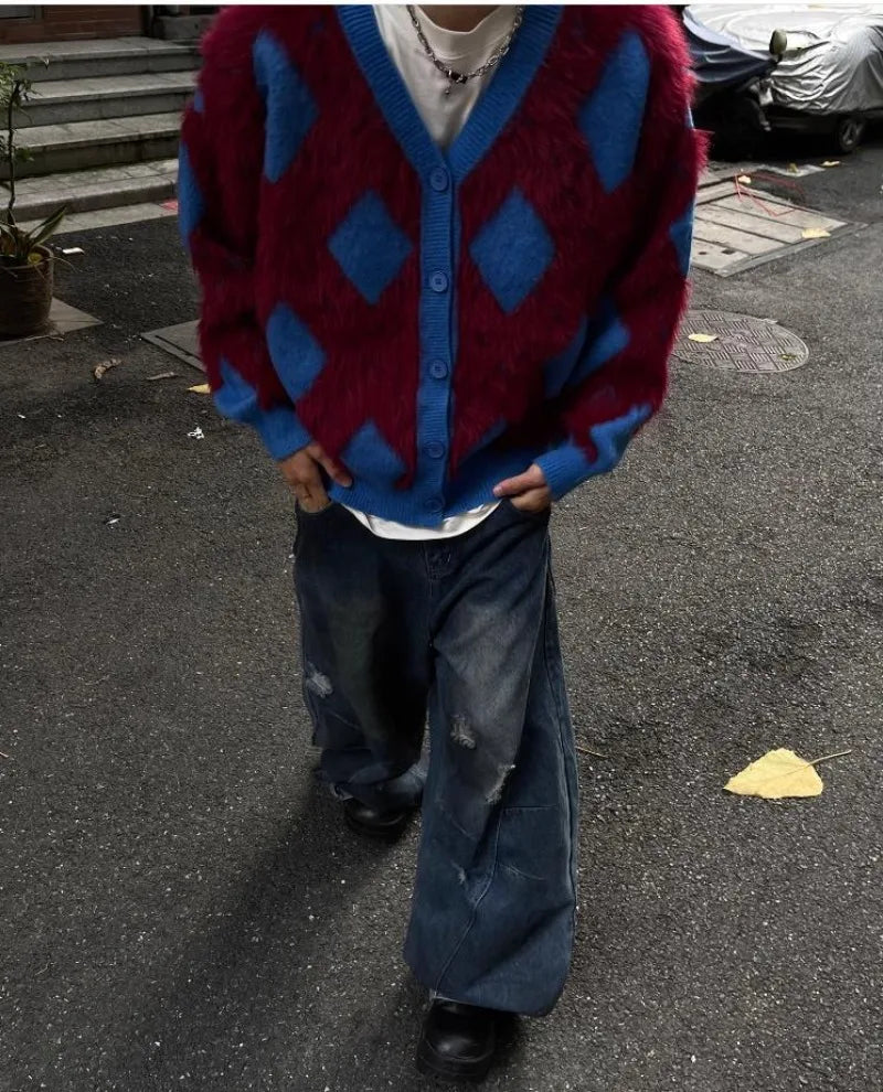 varsity flame knitwear, statement sweater, cozy knitwear for men, oversized grunge aesthetic winter top