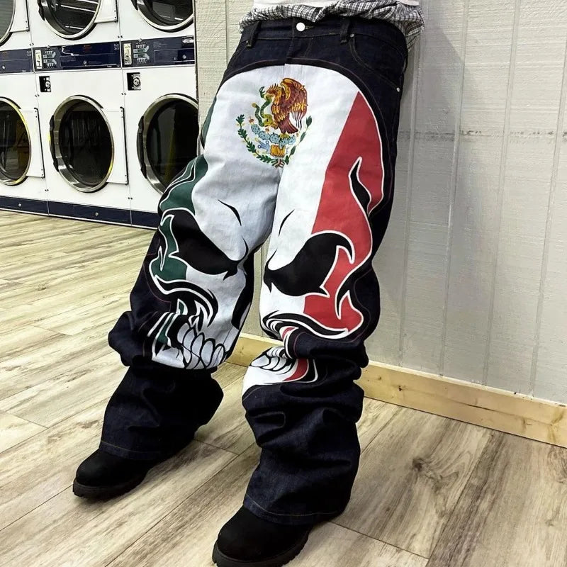 european and american high street high waist washed jeans men y2k cartoon print hip hop rock oversized wide leg pants women unique jeans style 3770