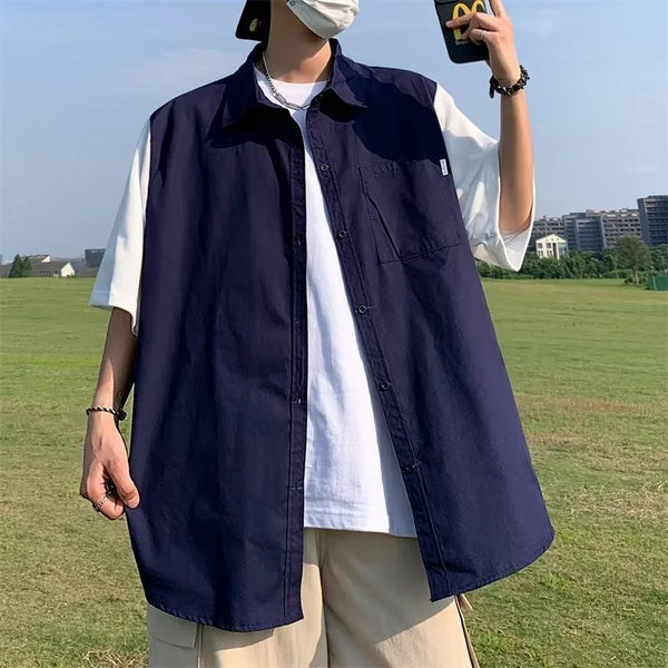 Layered Techwear Shirt Jacket – Japanese Retro Fake Two Piece Shirts For Men Summer Short Sleeve Patchwork Cargo Tee Shirt Y2K Streetwear Casual Loose Blouse | Button Shirt Drop #705