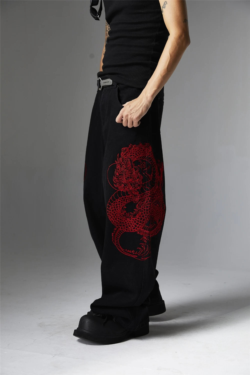 mens black baggy jeans dragon embroidered straight jeans streetwear hip hop loose trousers male luxury designer denim pants 1 unique jeans style 1799