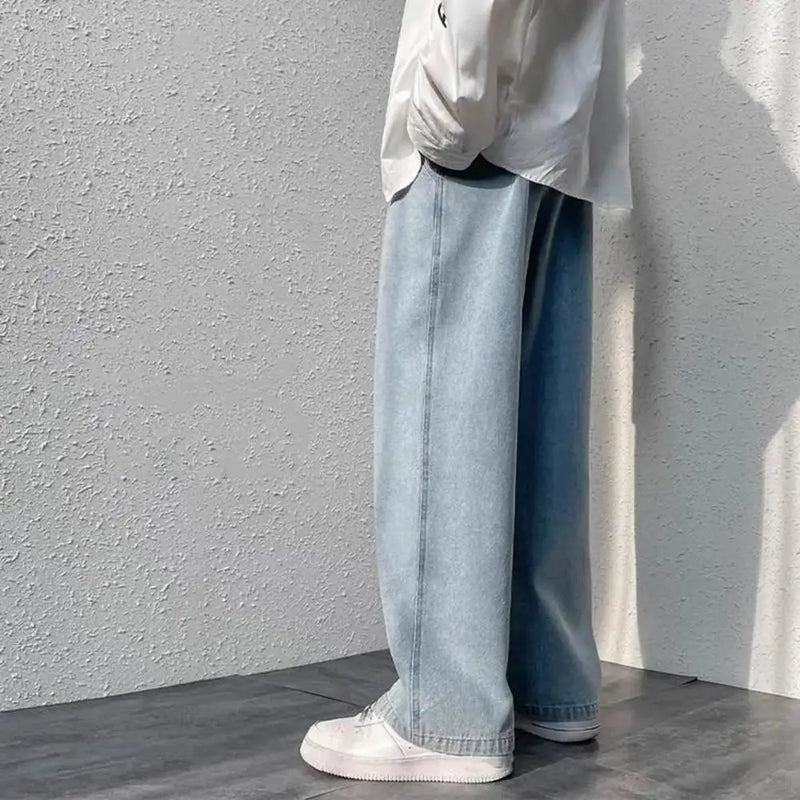 korean mens casual long jeans loose retro straight baggy pants denim wide leg pants light blue grey black retro washed jeans unique jeans style 1265
