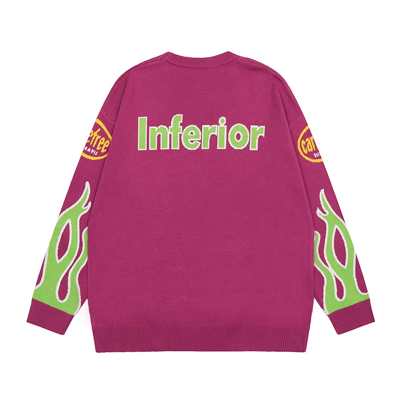 hip hop knitted sweater men letter fire pattern o neck pullover streetwear casual loose sweater unisex harajuku jumpers knitwear high quality cotton pullover, trendy hip hop style outerwear, Y2K vintage urban hoodie