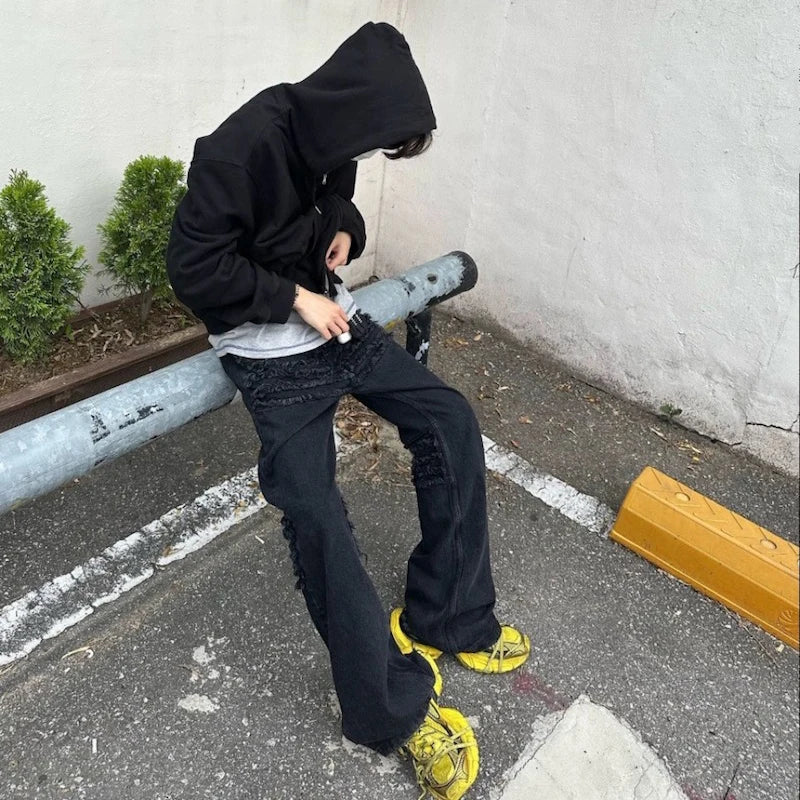 y2k streetwear trendy oversized micro flare jeans black ro hip hop washed tassel distressed denim jean raw edge mens wide pants denim street jeans