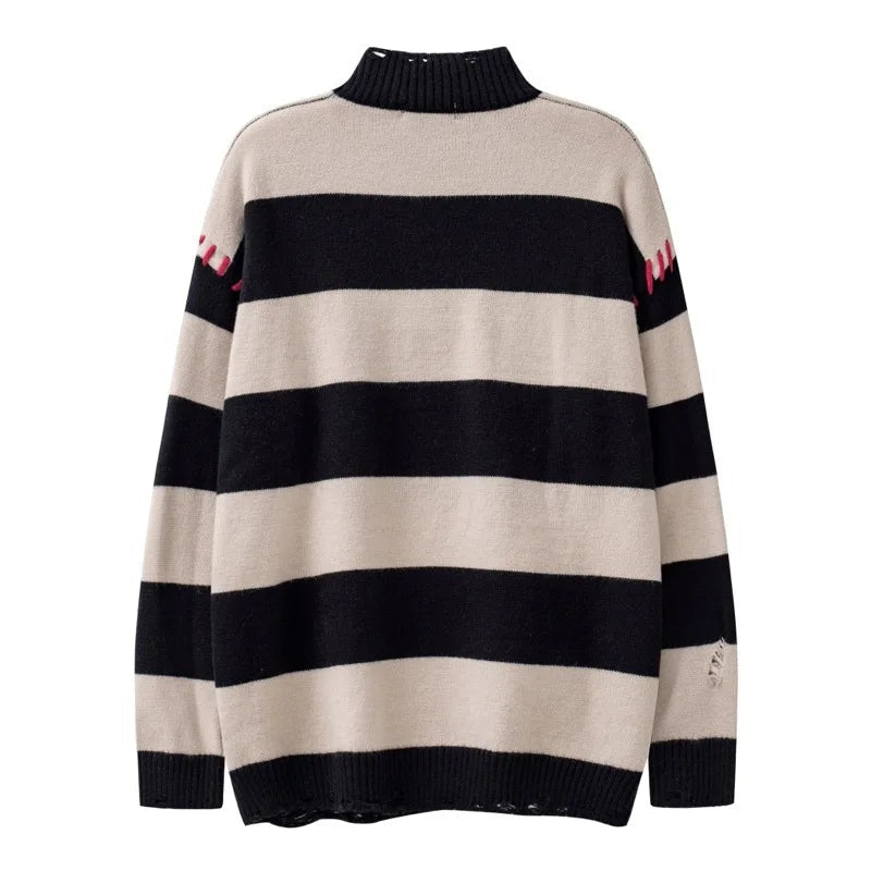 hip hop destroyed ripped holes knitted sweater mens casual y2k striped o neck pullover sweater unisex harajuku streetwear jumper - bold artwork streetwear hoodie, urban fashion pullover, anime inspired graphic hoodie