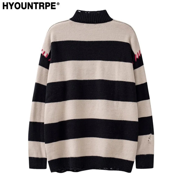 hip hop destroyed ripped holes knitted sweater mens casual y2k striped o neck pullover sweater unisex harajuku streetwear jumper - bold artwork streetwear hoodie, urban fashion pullover, anime inspired graphic hoodie