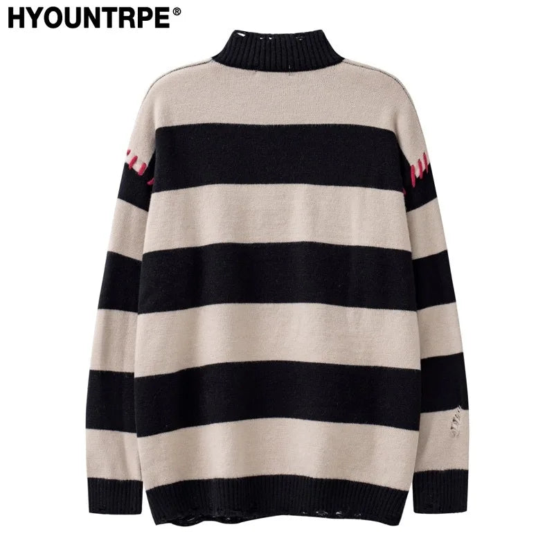 hip hop destroyed ripped holes knitted sweater mens casual y2k striped o neck pullover sweater unisex harajuku streetwear jumper - bold artwork streetwear hoodie, urban fashion pullover, anime inspired graphic hoodie