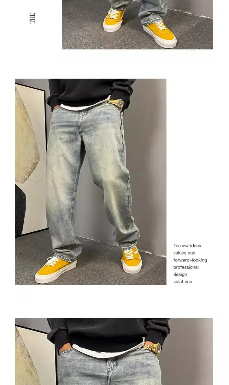 American casual ruffian handsome washed retro zipper jeans men straight loose trendy