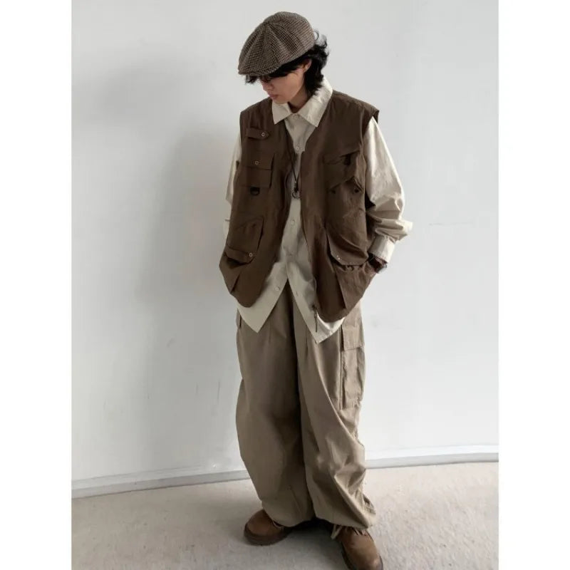 japanese street mens 3 piece set multi pocket camping vest solid cargo shirt side pockets casual pants suit couple trend set unique cargo style 4627