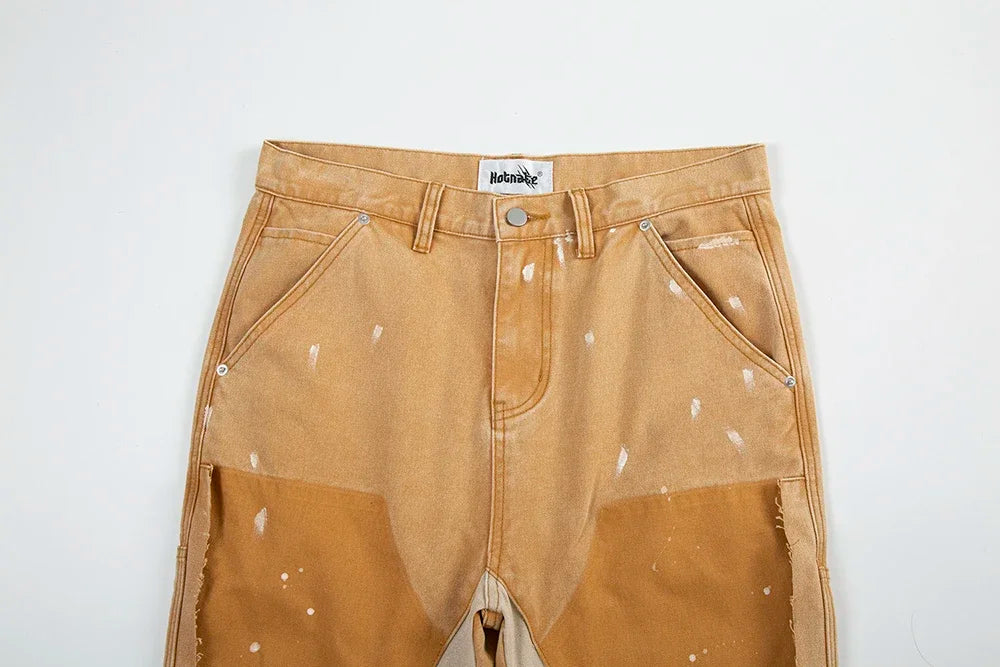 high street spliced speckled ink micro flare pants for men and women patchwork baggy jeans ropa hombre casual denim trousers unique jeans style 3585