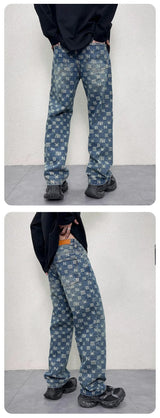 men jacquard streetwear hip hop vibe casual straight denim jeans pants boyfriend high street ripped jeans trousers unique jeans style 3111