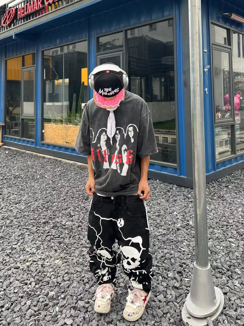 fashion lightning skull printed denim jeans mens unisex casual zipper straight jeans streetwear hip hop y2k jean pants joggers unique joggers style 718