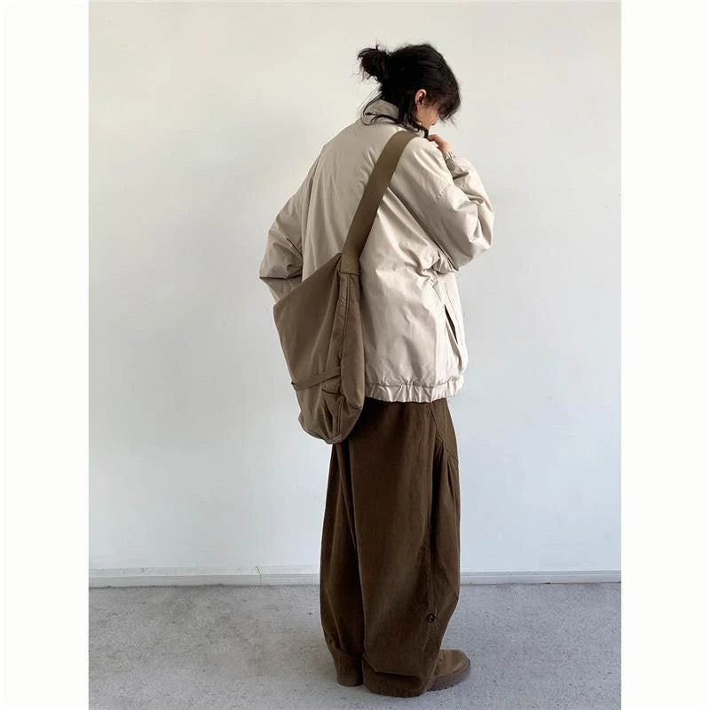 winter 2024 japanese college set mens vintage stand collar cotton jacket casual wide leg pants 2 piece suits male street 2 pcs menswear bottoms