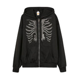 Y2K Rhinestone Skeleton Hoodies Women Gothic Black Zip Up Oversized Sw