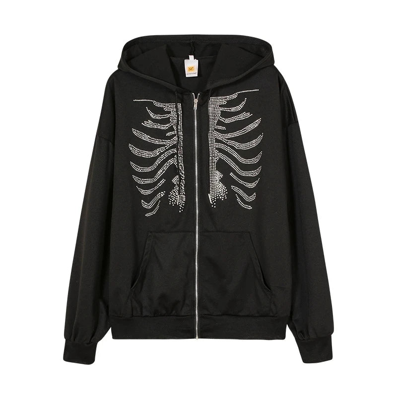 Y2K Rhinestone Skeleton Hoodies Women Gothic Black Zip Up Oversized Sw