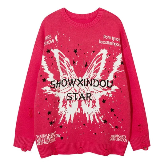 fashion butterfly knitted oversized sweater unisex o neck ripped holes knit pullover streetwear unisex loose sweaters clothing trendy hip hop style outerwear, high quality cotton pullover, oversized graphic print design