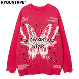fashion butterfly knitted oversized sweater unisex o neck ripped holes knit pullover streetwear unisex loose sweaters clothing trendy hip hop style outerwear, high quality cotton pullover, oversized graphic print design