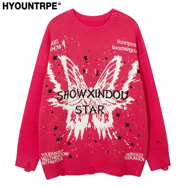 fashion butterfly knitted oversized sweater unisex o neck ripped holes knit pullover streetwear unisex loose sweaters clothing trendy hip hop style outerwear, high quality cotton pullover, oversized graphic print design