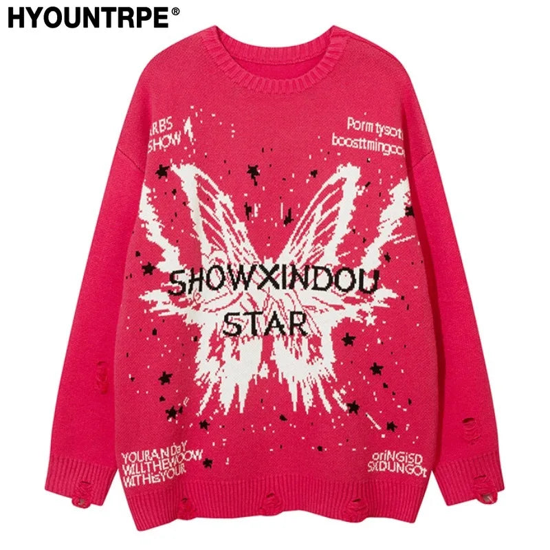 fashion butterfly knitted oversized sweater unisex o neck ripped holes knit pullover streetwear unisex loose sweaters clothing trendy hip hop style outerwear, high quality cotton pullover, oversized graphic print design