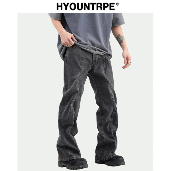 contorted fold design denim jean pants men straight biker jeans trousers 2023 fashion motorcycle unisex hip hop pants y2k pants stacked flare jeans