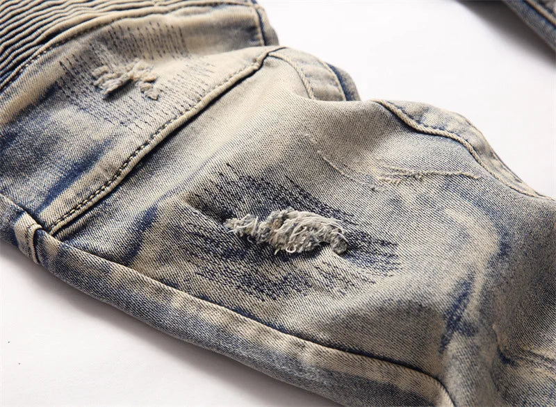 distressed washed pleated denim jean pants new fashion biker jeans streetwear casual slim pants jogger y2k mens skinny joggers unique joggers style 4148