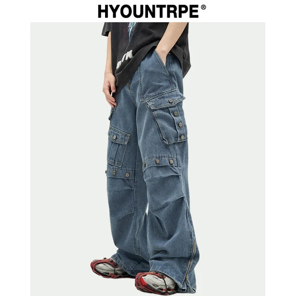 punk rivet denim jeans pants mens 2023 harajuku streetwear bottom zipper cotton casual oversize joggers straight pants trousers streetwear sweatpants