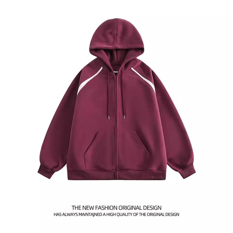 American Street Ins Gray Hooded Sweatshirt Jacket for Boys Retro Street Y2K Loose Splicing Contrasting Zipper Cardigan Top