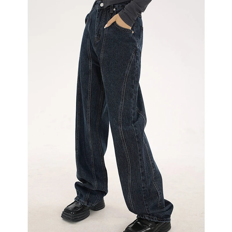 navy blue vintage jeans womans high waist summer wide leg denim trouser baggy streetwear chic design ladies straight jean pants vintage washed jeans