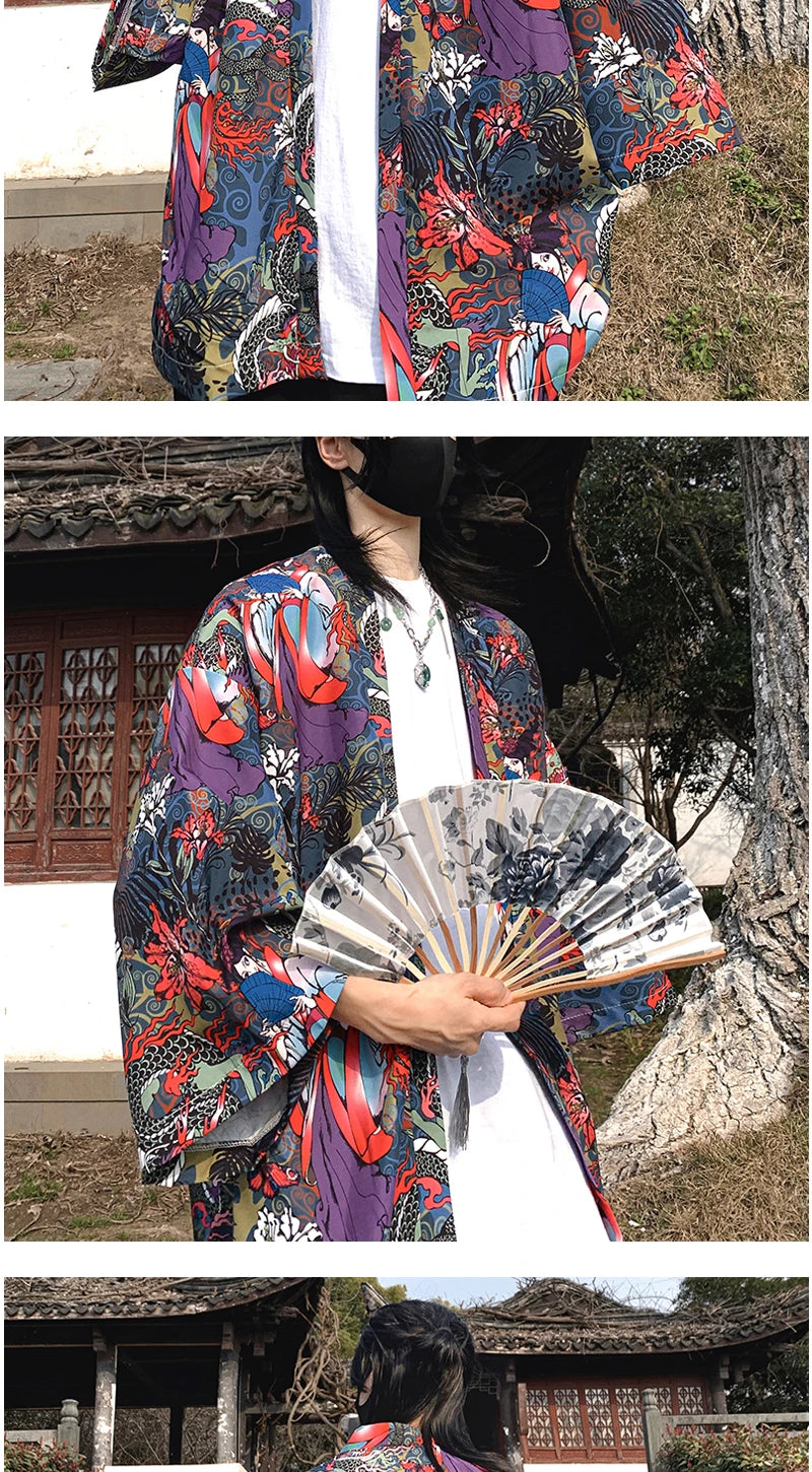 Japanese Style Men's Lightweight Kimono Jacket Dragon Print Kimono Cardigan New Arrival Street Shirt Harajuku Kimono Couple Tops