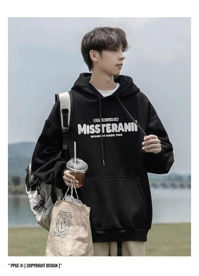 American Retro Casual Hoodies For Men Letter Printed Loose Fit Hooded
