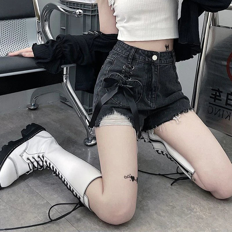 high waist women denim shorts summer fashion bow loose shorts korean casual female streetwear all match ripped pants unique jeans style 1308