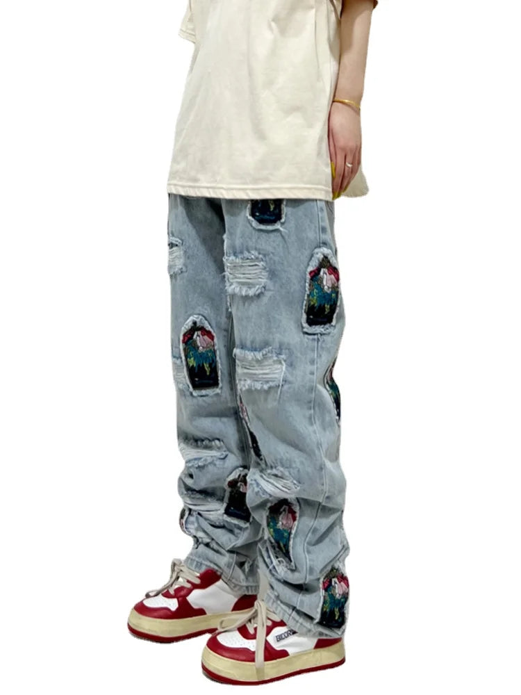 fashion ripped holes patchwork harajuku embroidery denim straight jean pants y2k trouser unisex hip hop streetwear jeans pants denim street jeans