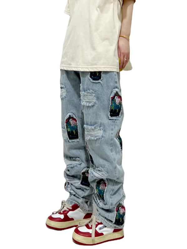 fashion ripped holes patchwork harajuku embroidery denim straight jean pants y2k trouser unisex hip hop streetwear jeans pants denim street jeans