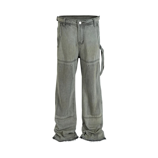 streetwear washed vintage ribbons logging jeans pants mens straight ropa hombre baggy cargos oversized loose denim overalls multi-pocket cargos