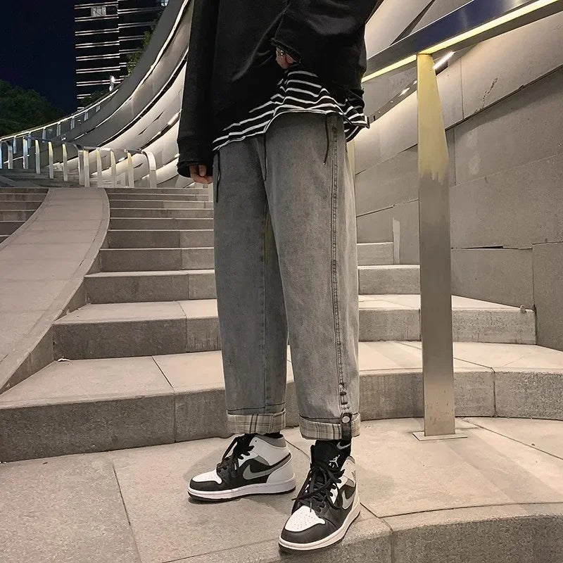 2024 new plaid trouser legs jeans for men casual baggy straight denim pants korean fashion y2k streetwear pantalones hombre jean stacked flare jeans