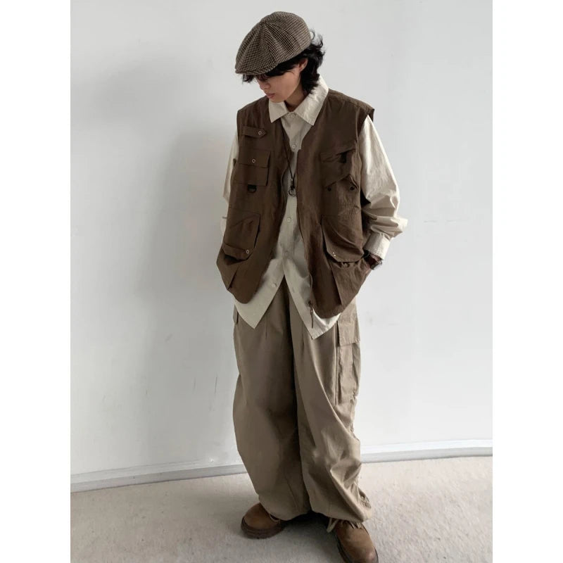 japanese street mens 3 piece set multi pocket camping vest solid cargo shirt side pockets casual pants suit couple trend set unique cargo style 4619