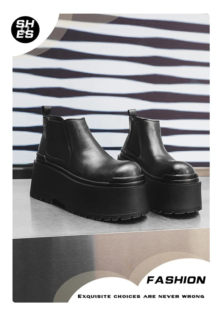 Increase Chelsea Men's Streetwear Fashion Thick Soled Platform Leather Casual Shoes Luxury Designer Boots Shoe for Men