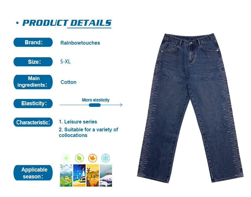 rainbowtouches 2022 brand jeans mens high street pants loose straight men jeans retro embroidery fashion mens trousers unisex unique jeans style 4505