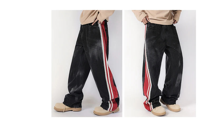 men streetwear fashion side splice hip hop loose casual wide leg straight baggy jeans pant cityboy jeans pants trousers unique jeans style 2624
